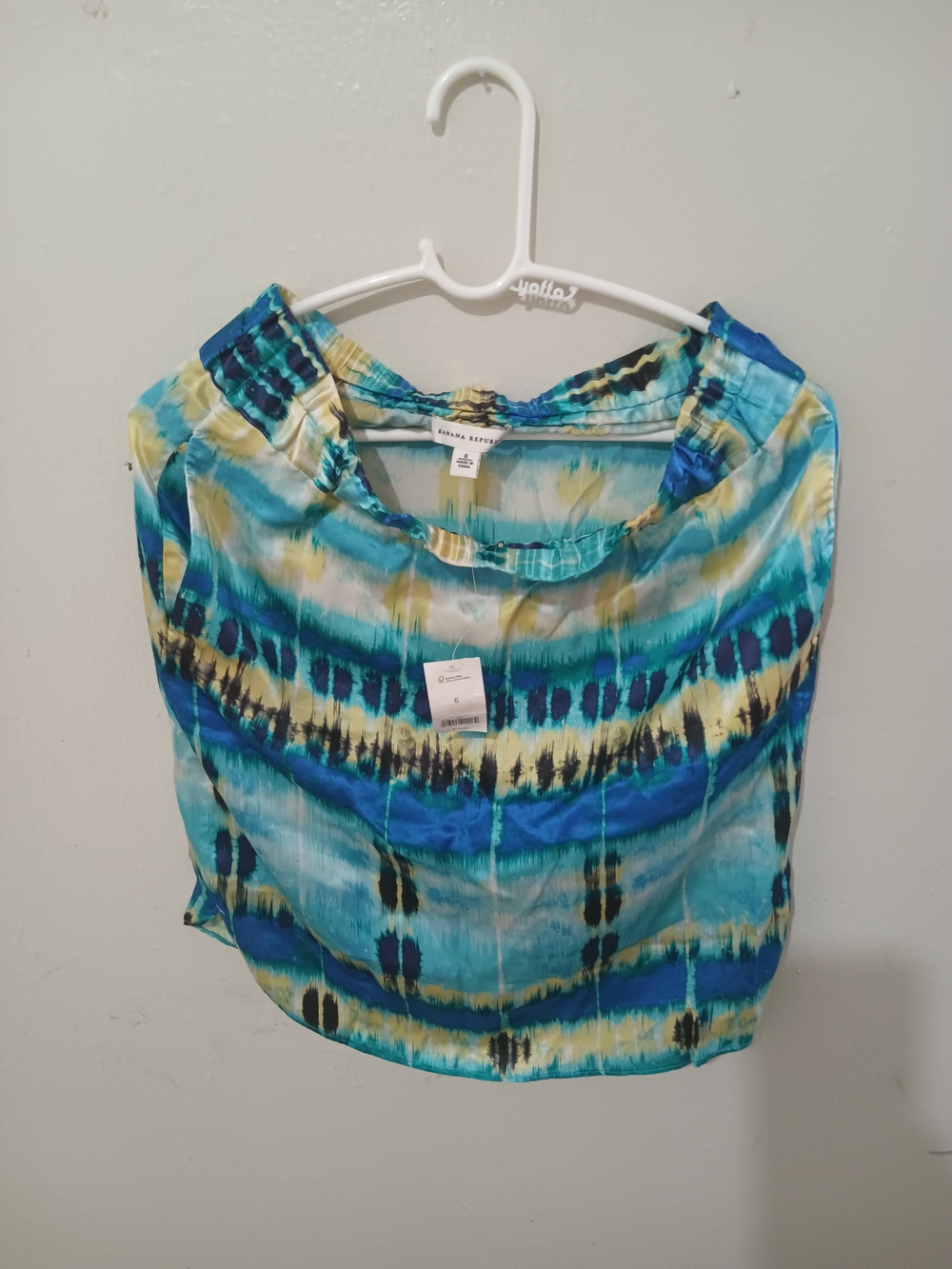 Banana Republic Teal Blue & Yellow Tie-Dye Boatneck Blouse